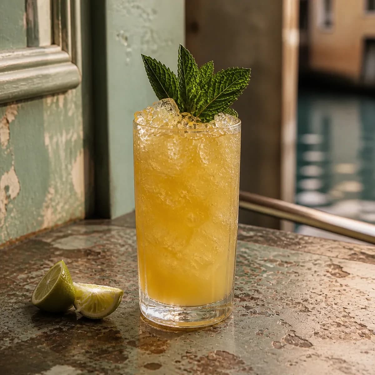 Chartreuse Swizzle in a tall straight-sided highball glass styled in a quiet canal café bar with worn celadon paint, old terrazzo and watery reflections in the distance.