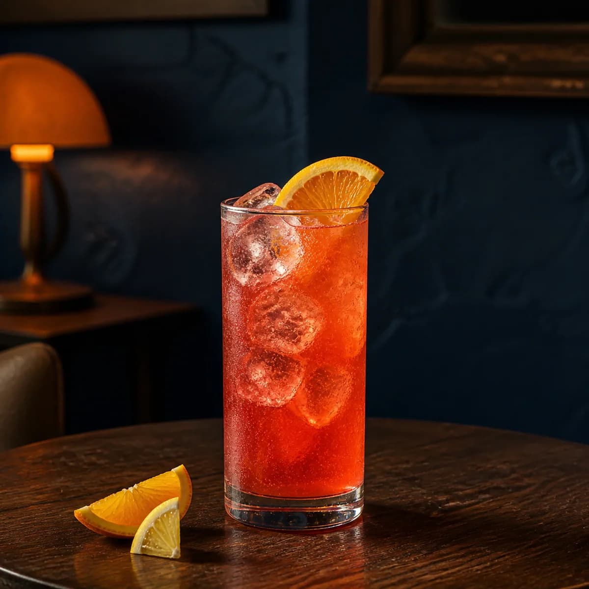 Cinderella in a tall straight-sided highball glass styled in a welcoming night café with indigo plaster, dark oak and one low amber table lamp.