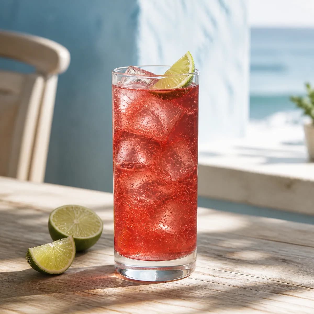 Cranberry Cooler in a tall straight-sided highball glass styled in a breezy coastal café with chalky blue plaster, pale wood and distant sea haze.