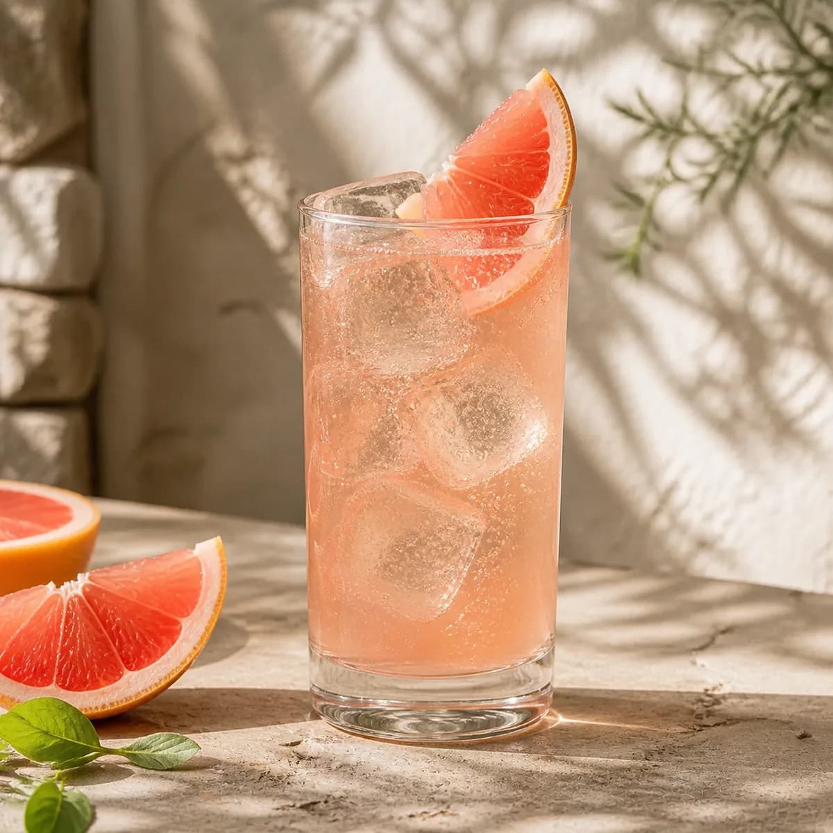 Grapefruit Spritz in a tall straight-sided highball glass styled in a calm garden café with pale mineral plaster, old stone and soft herb shadows.