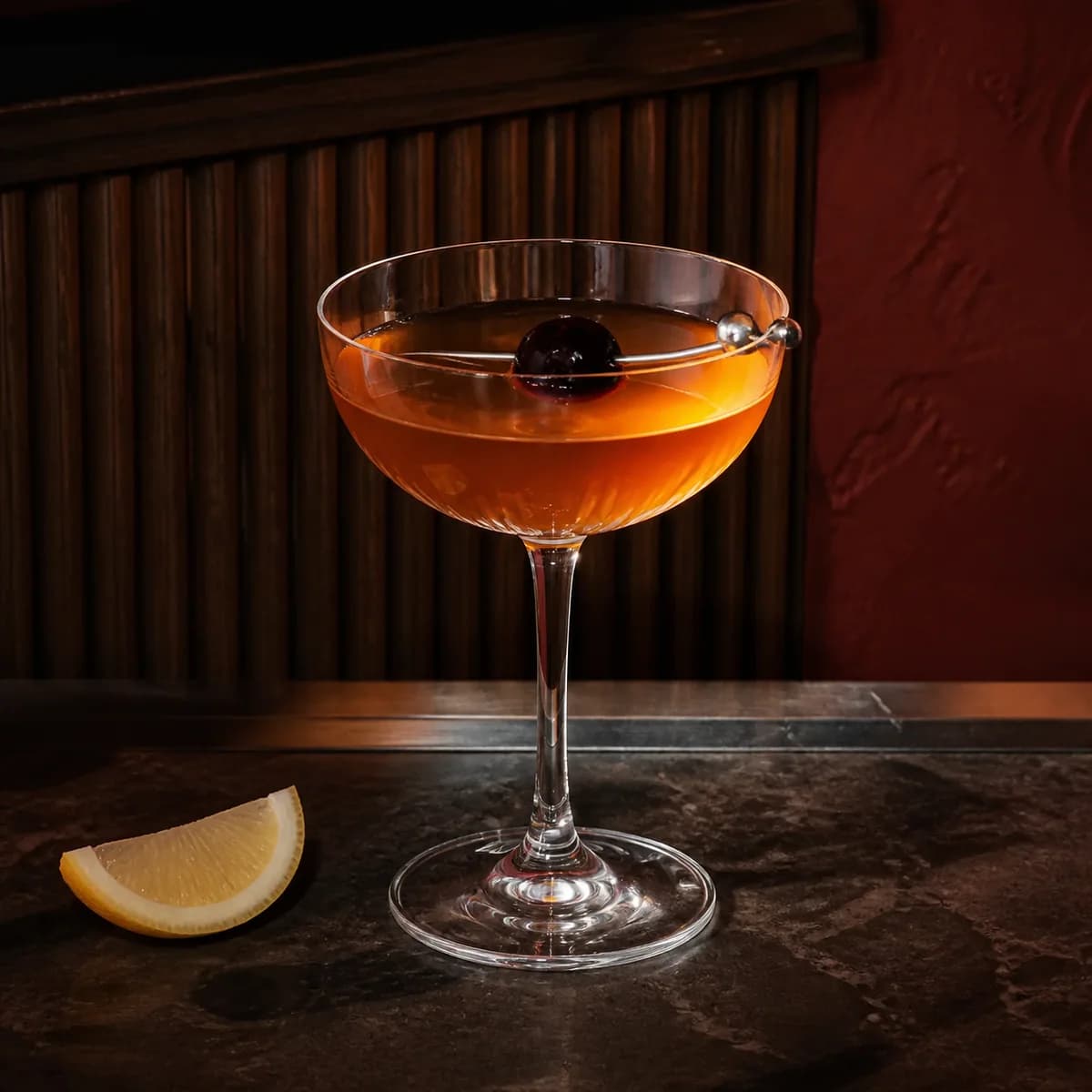 Japanese Slipper in a clear shallow coupe styled in a modern amaro bar with ribbed walnut, smoked red plaster and brushed pewter.