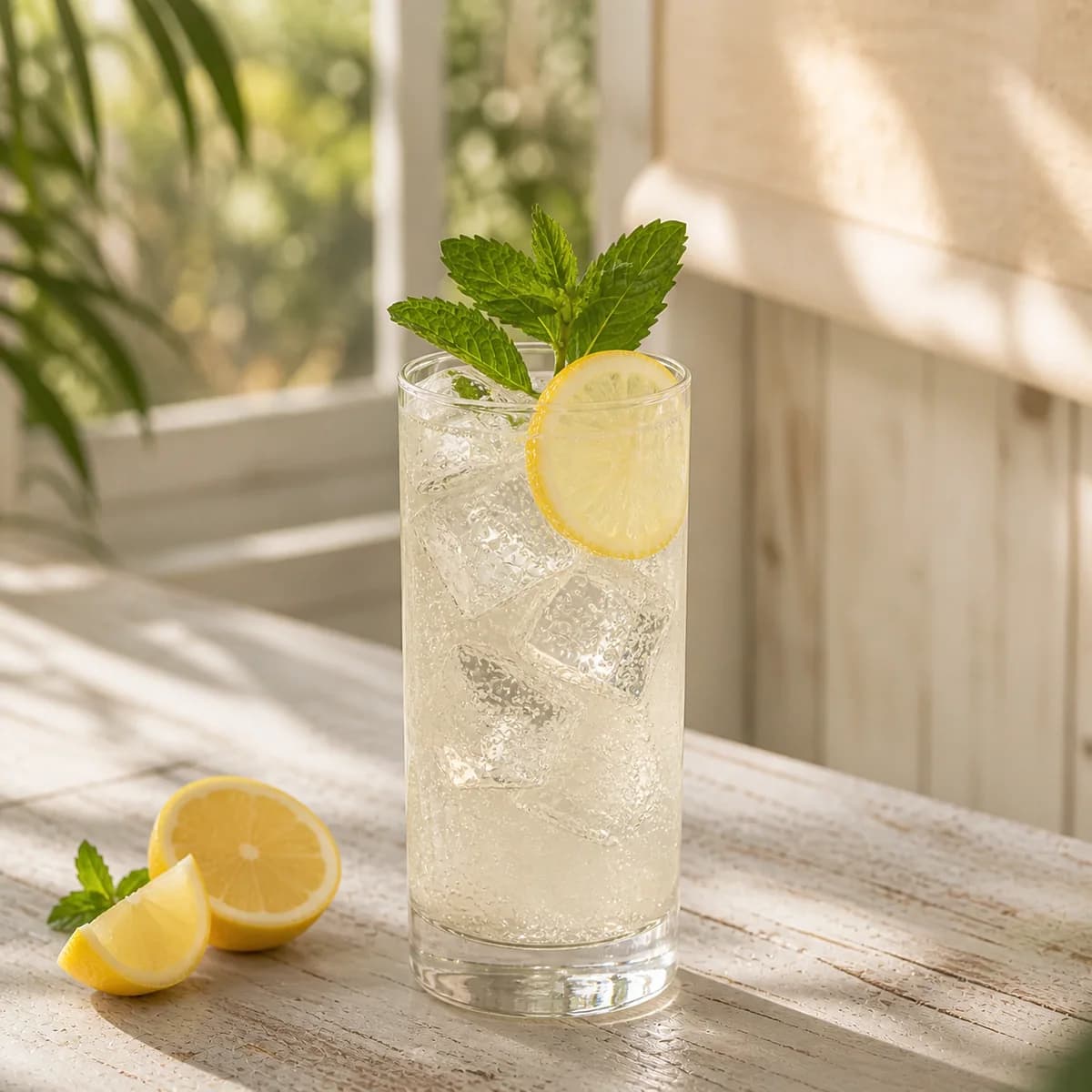 Fresh Lemonade in a tall straight-sided highball glass styled in a quiet sunroom bar with weathered white timber, linen shade and blurred greenery.