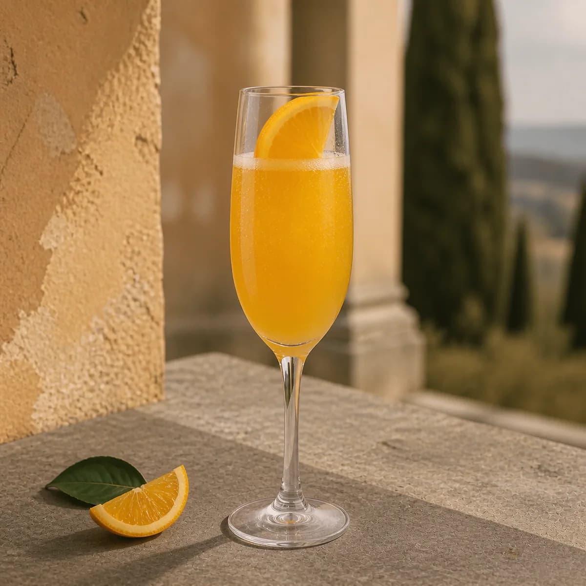 Mimosa in a slender champagne flute styled in a shaded portico bar with sun-faded ochre render, cool stone and distant cypress blur.