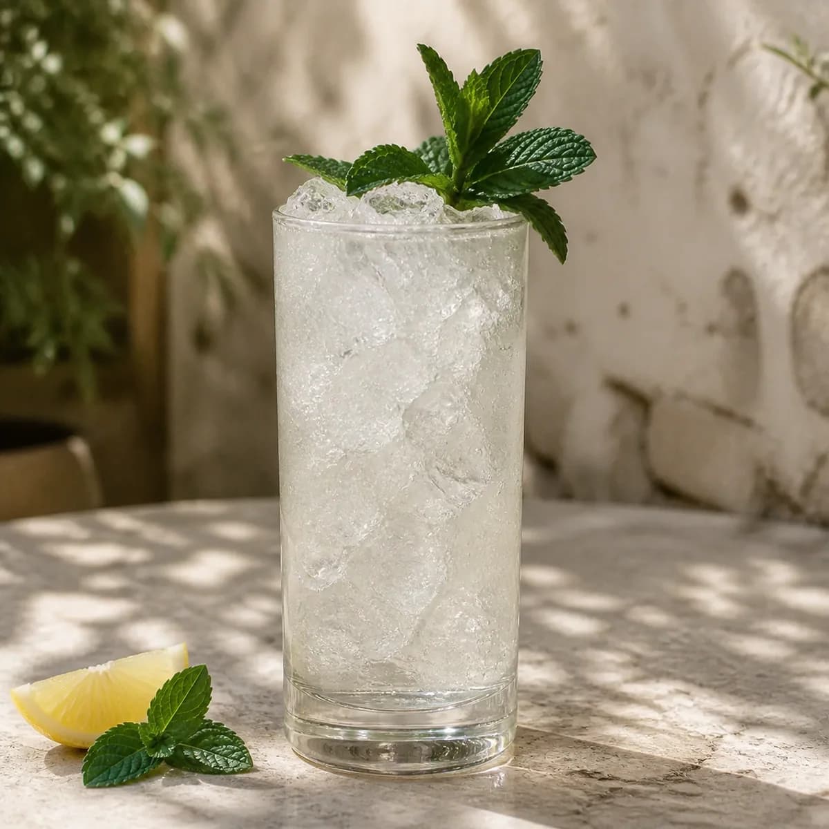 Mint Lemonade in a tall straight-sided highball glass styled in a calm garden café with pale mineral plaster, old stone and soft herb shadows.