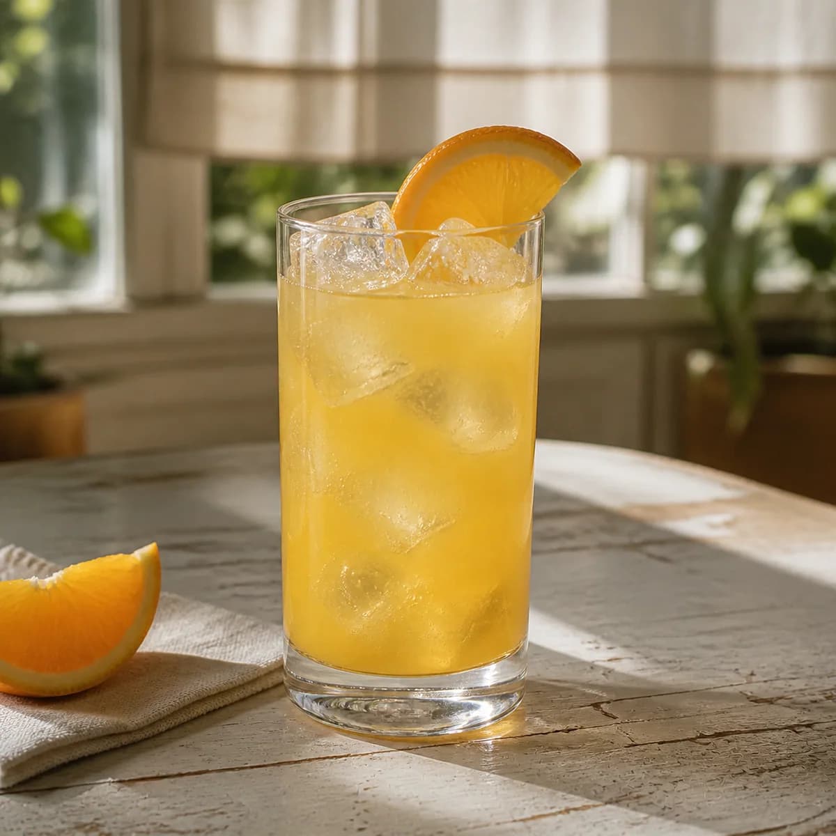 Orange Fizz in a tall straight-sided highball glass styled in a quiet sunroom bar with weathered white timber, linen shade and blurred greenery.