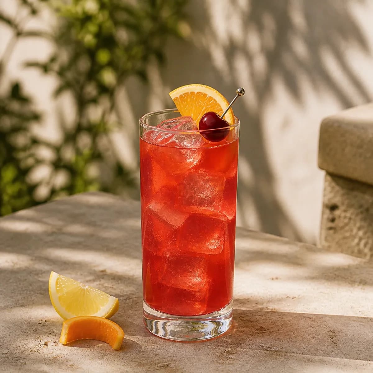 Pussyfoot in a tall straight-sided highball glass styled in a calm garden café with pale mineral plaster, old stone and soft herb shadows.