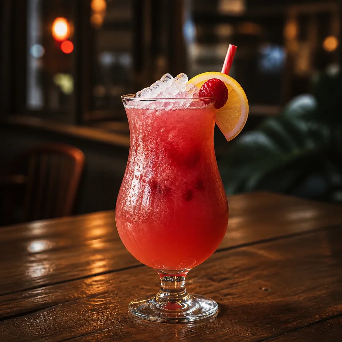 Raspberry Lemonade in a tall straight-sided highball glass styled in a welcoming night café with indigo plaster, dark oak and one low amber table lamp.