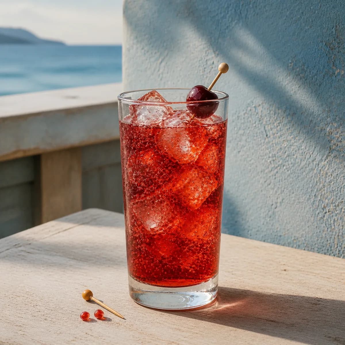 Roy Rogers in a tall straight-sided highball glass styled in a breezy coastal café with chalky blue plaster, pale wood and distant sea haze.
