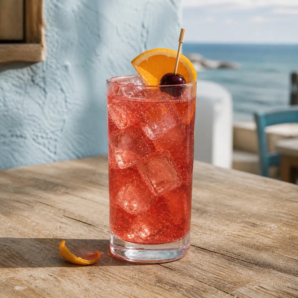 Shirley Temple in a tall straight-sided highball glass styled in a breezy coastal café with chalky blue plaster, pale wood and distant sea haze.
