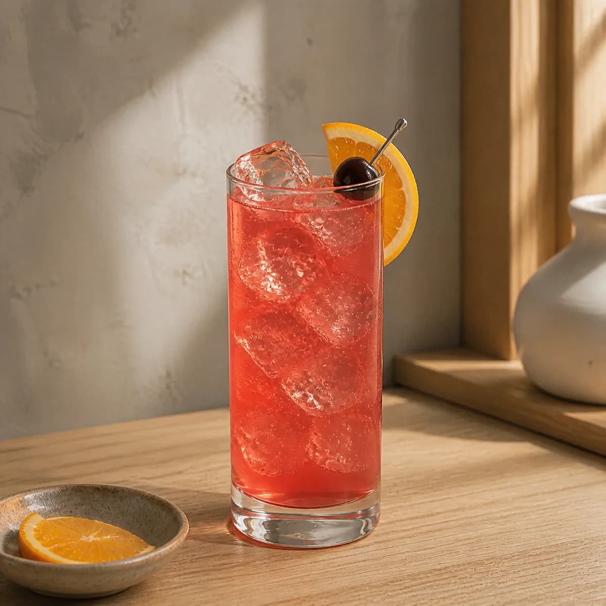 Tropical Fruit Punch in a tall straight-sided highball glass styled in a contemporary tea room with warm gray limewash, light oak and one handmade ceramic detail.