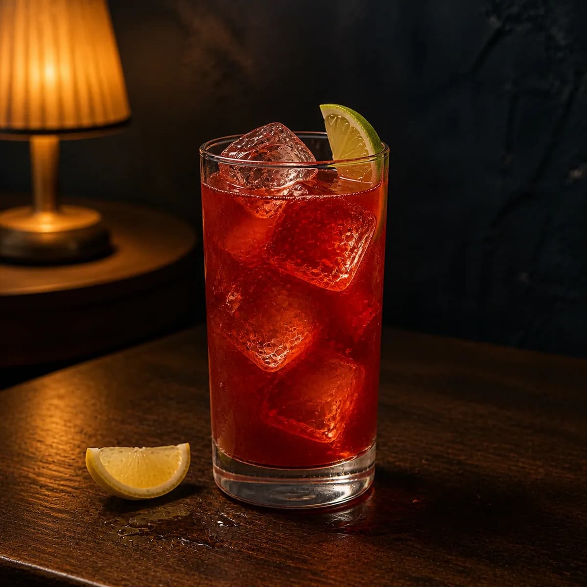 Virgin Mary in a tall straight-sided highball glass styled in a welcoming night café with indigo plaster, dark oak and one low amber table lamp.