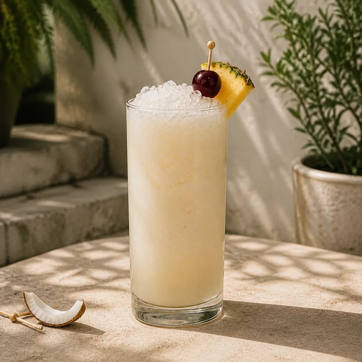 Virgin Piña Colada in a tall straight-sided highball glass styled in a calm garden café with pale mineral plaster, old stone and soft herb shadows.