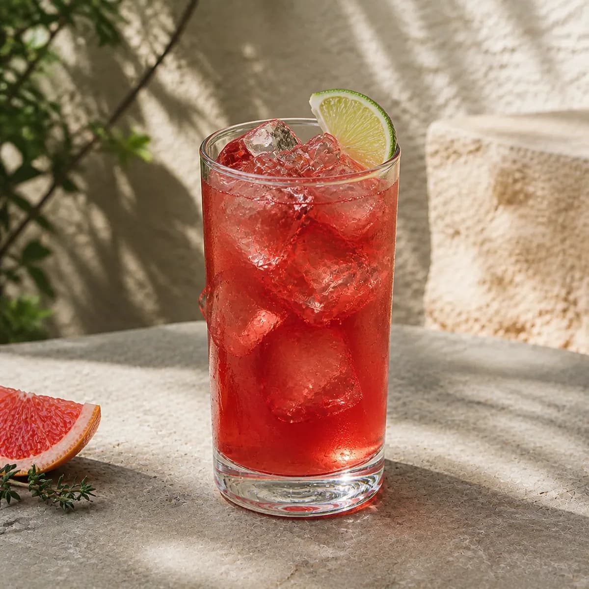 Virgin Sea Breeze in a tall straight-sided highball glass styled in a calm garden café with pale mineral plaster, old stone and soft herb shadows.