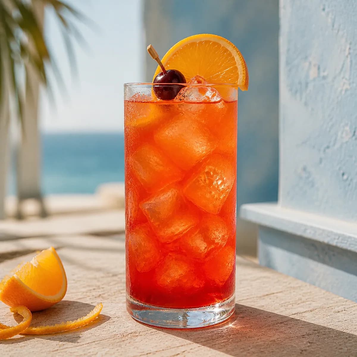 Virgin Sunrise in a tall straight-sided highball glass styled in a breezy coastal café with chalky blue plaster, pale wood and distant sea haze.