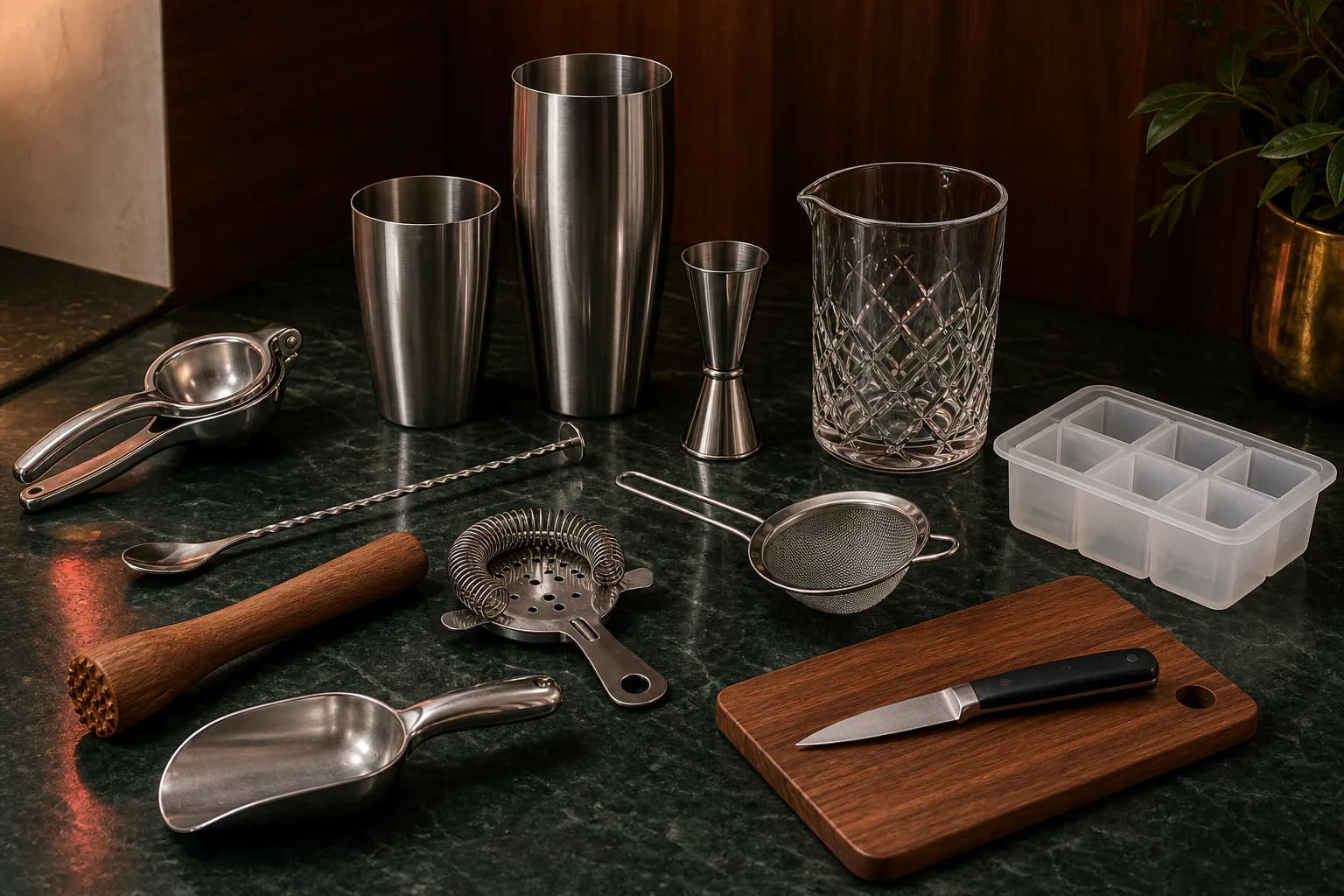 A practical home bar toolkit with shaker tins, jigger, strainers, spoon, muddler, press and mixing glass.