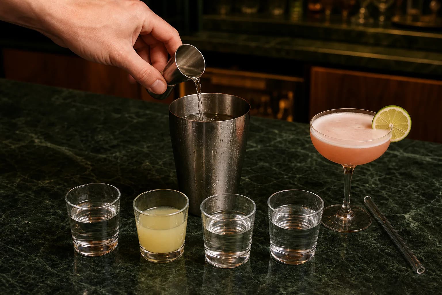 A small measured correction being added to a cocktail beside tasting glasses and a finished sour.