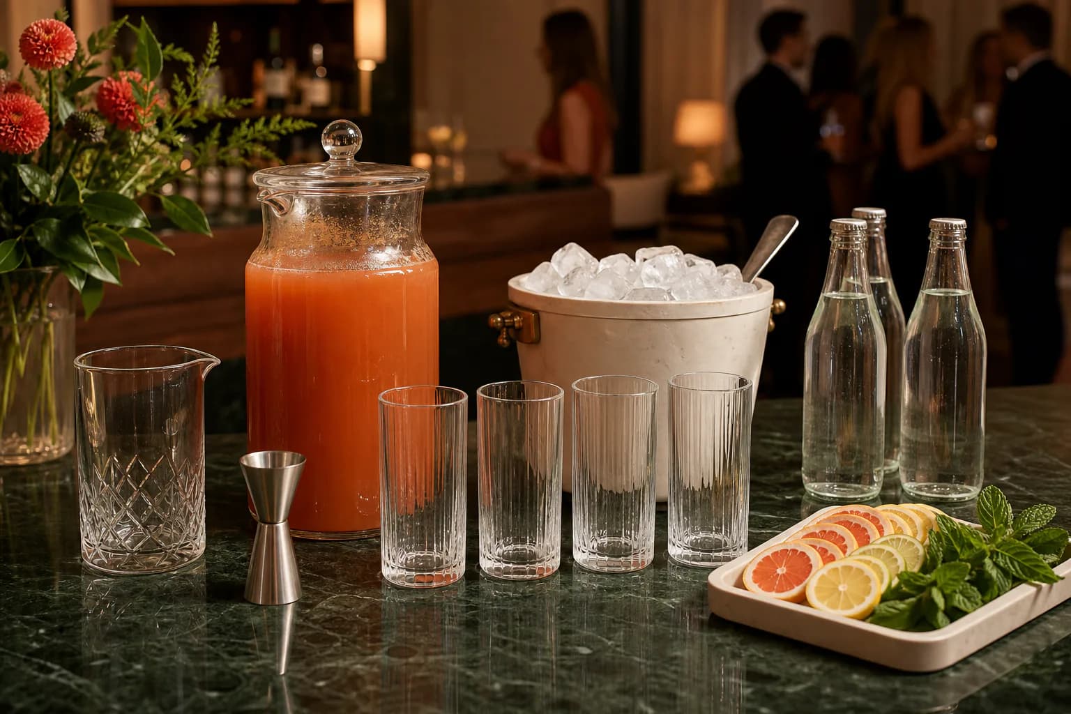 A party batching station with cocktail base, separate ice and sparkling water, glasses and garnishes.