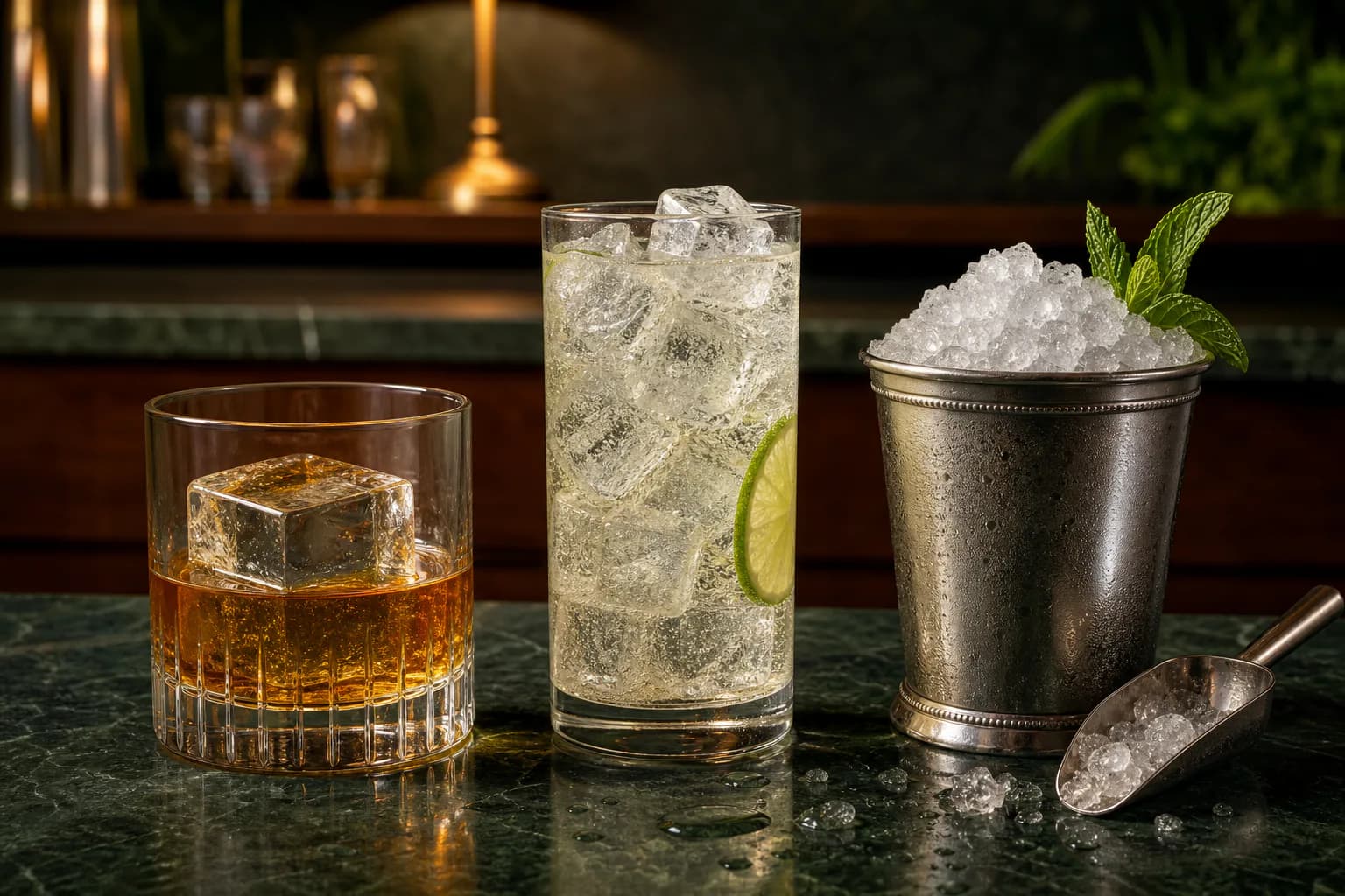 Large clear ice, standard cubes and crushed ice shown in three appropriate cocktail glasses.