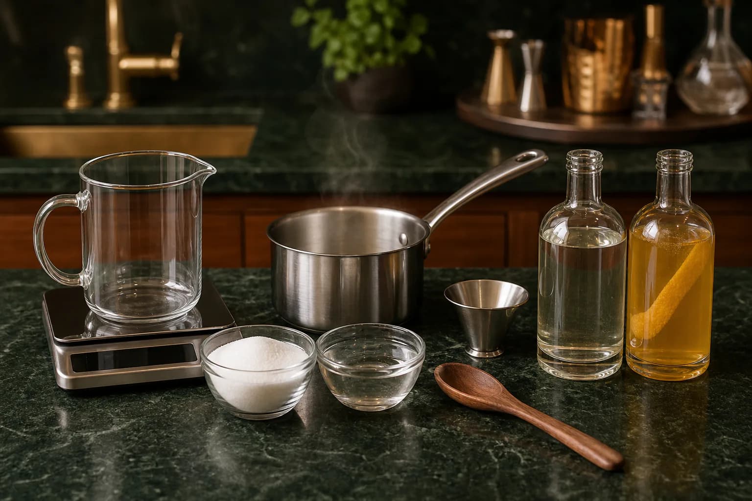 Sugar and water measured beside a saucepan and bottles of clear and infused cocktail syrup.