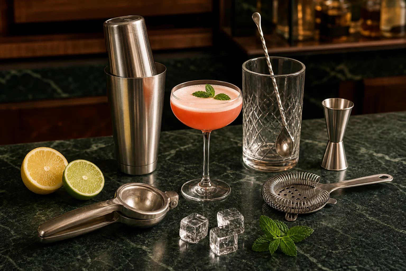A complete cocktail technique station with shaker, mixing glass, jigger, strainers, citrus and mint.