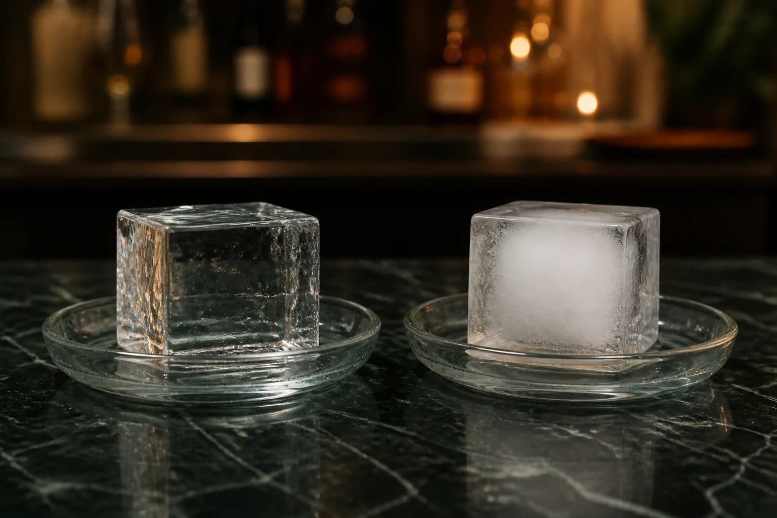 A mostly clear cube and a fresh cube with a cloudy white core sit in identical shallow glass dishes.
