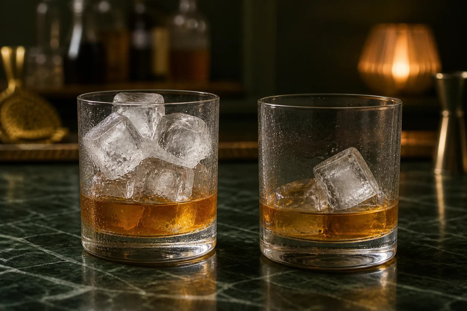 Two matching amber cocktails compare a glass packed with hard ice against one holding only two wetter, partly melted cubes.