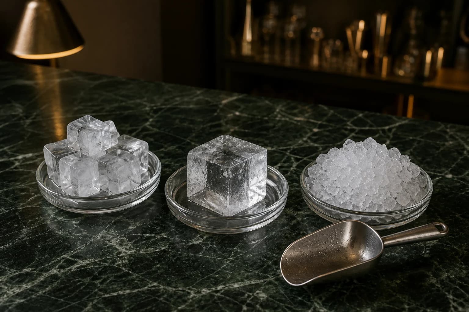 Standard cocktail cubes, one large king cube and crushed pebble ice arranged in three matching dishes beside a scoop.