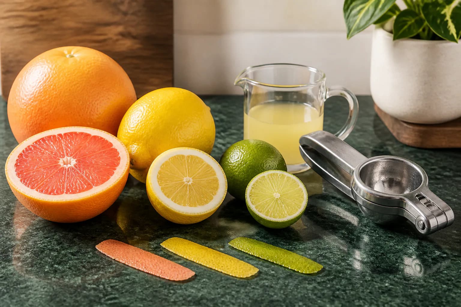 Fresh grapefruit, lemon and lime with measured juice, citrus press and thin peel strips.