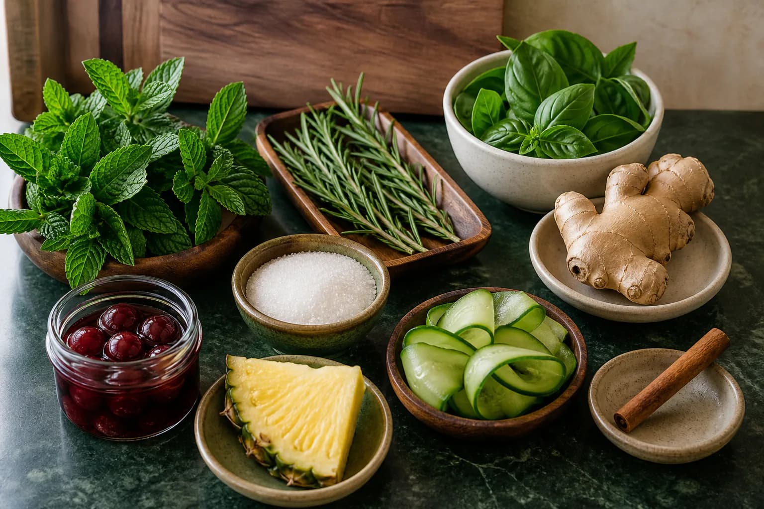 Fresh mint, rosemary, basil, ginger, cherries, cucumber, pineapple, sugar and cinnamon.