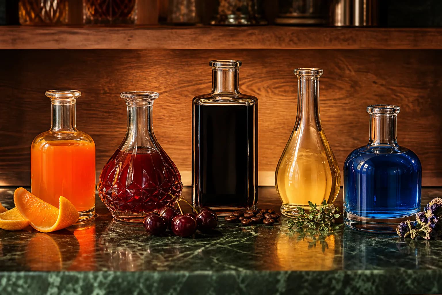 Five jewel-toned liqueurs with orange, cherry, coffee and herb flavor cues.