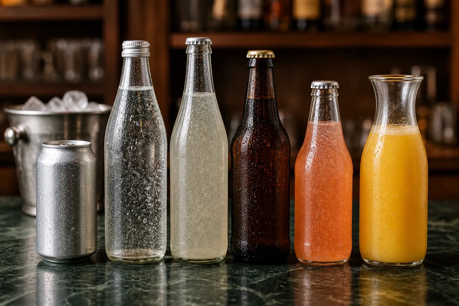 Cold capped bottles and a can representing sparkling water, tonic, ginger beer and fruit mixers.