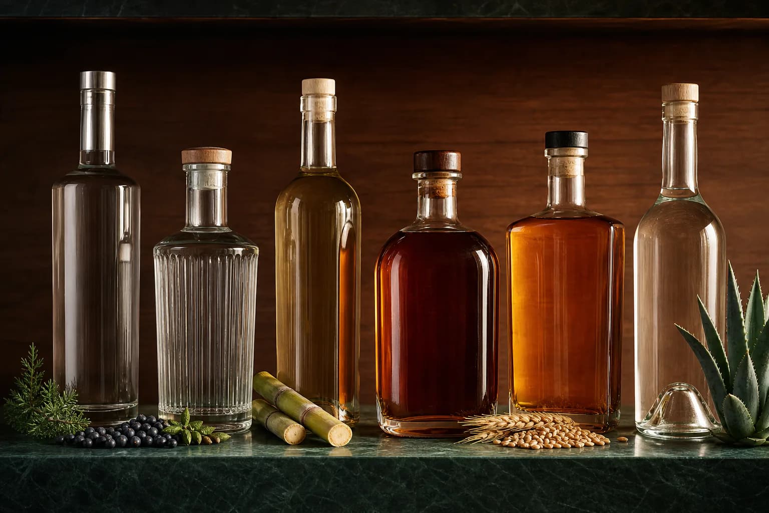 Six distinct unbranded base-spirit bottles with botanical, cane, grain and agave cues.