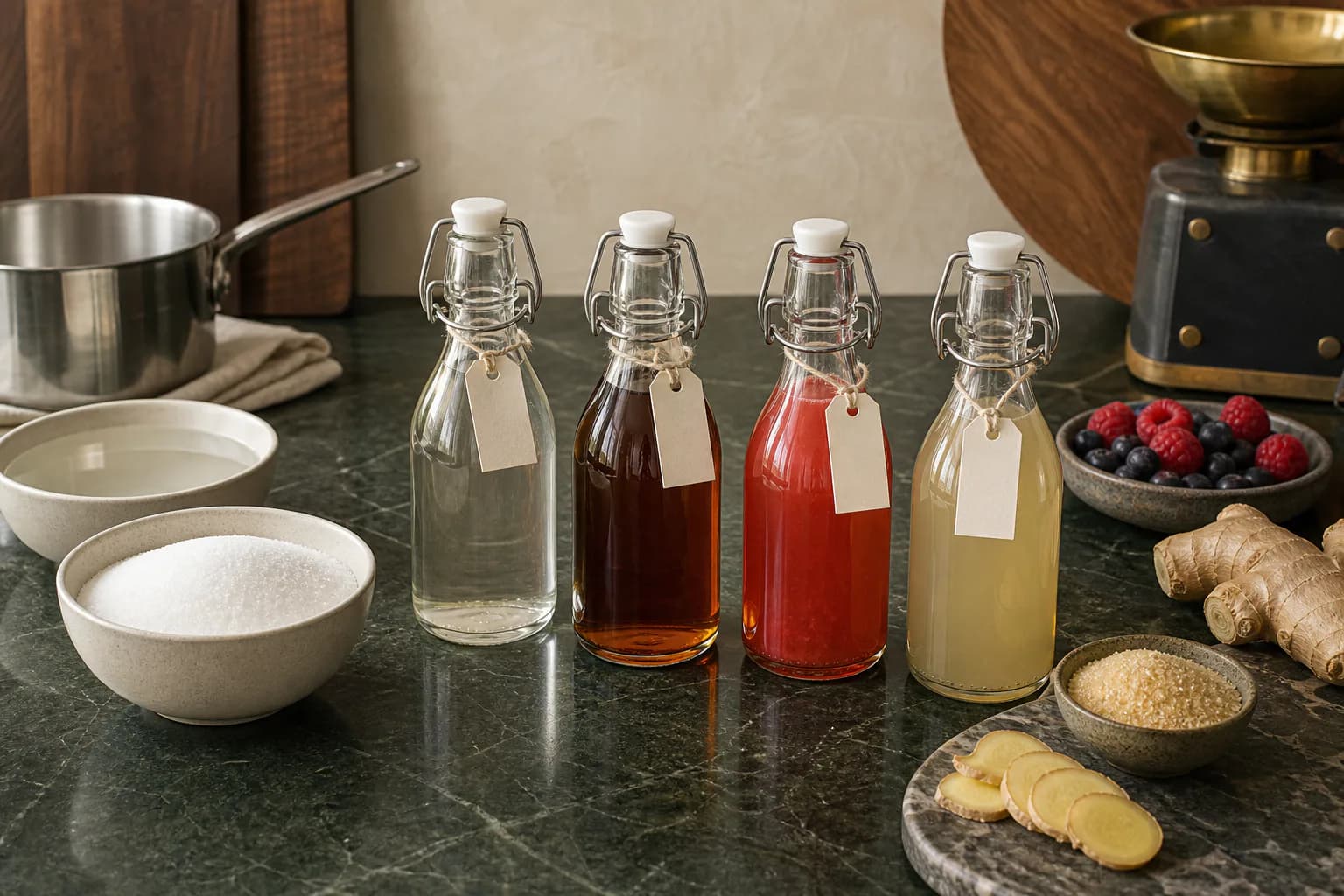 Clear, rich, berry and ginger cocktail syrups beside sugar, water, scale and saucepan.
