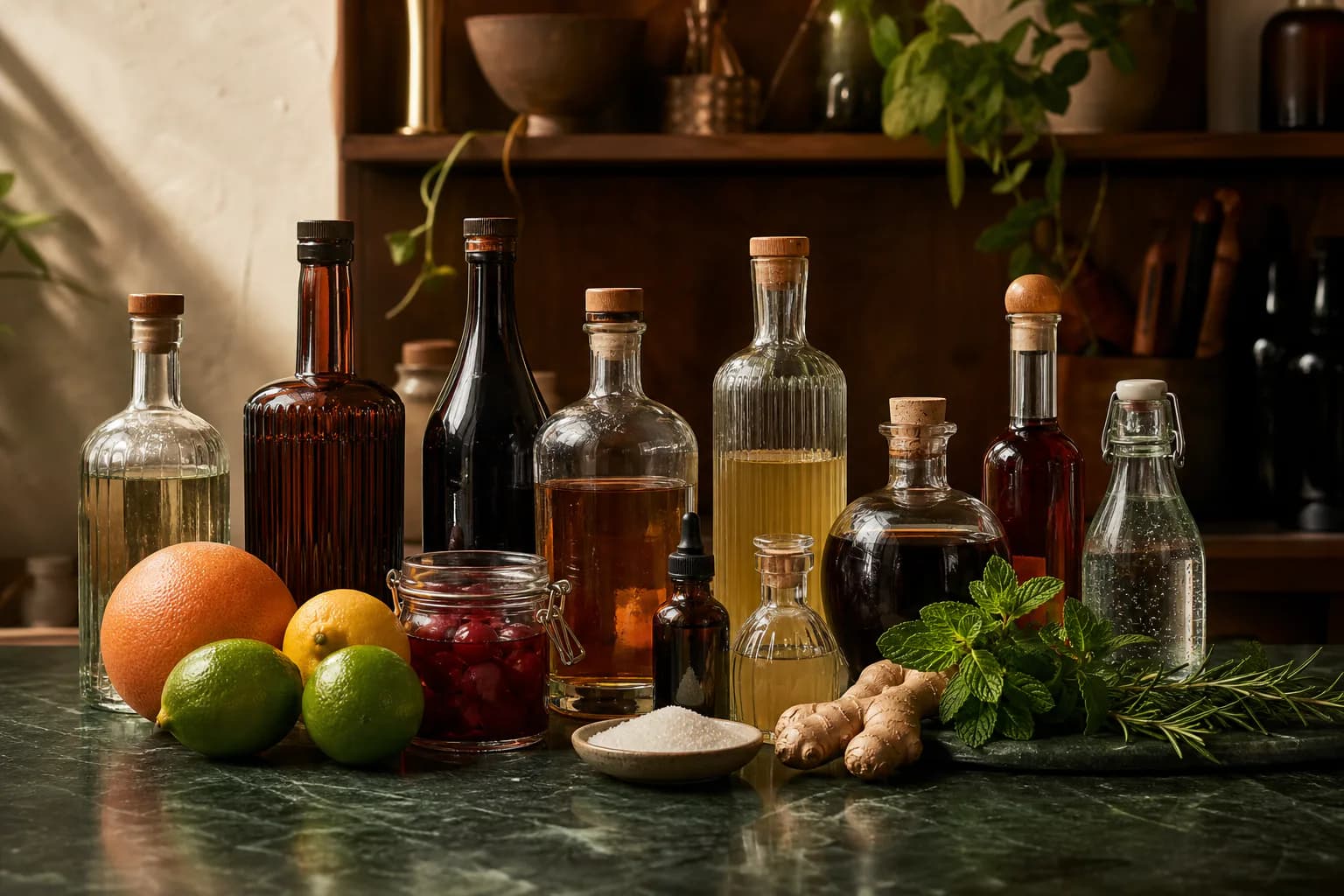 An organized cocktail ingredient library of varied spirits, mixers, syrups, citrus, ginger and herbs.