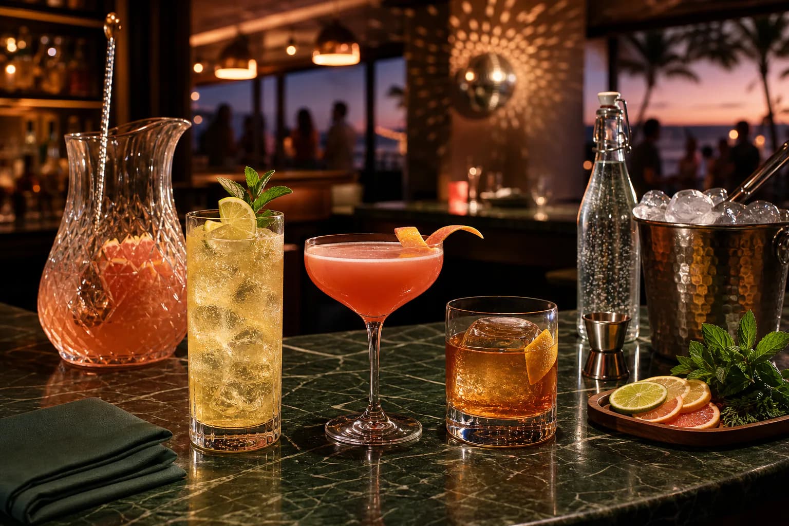 Three different cocktails on a prepared evening party bar with batch pitcher, ice and garnishes.