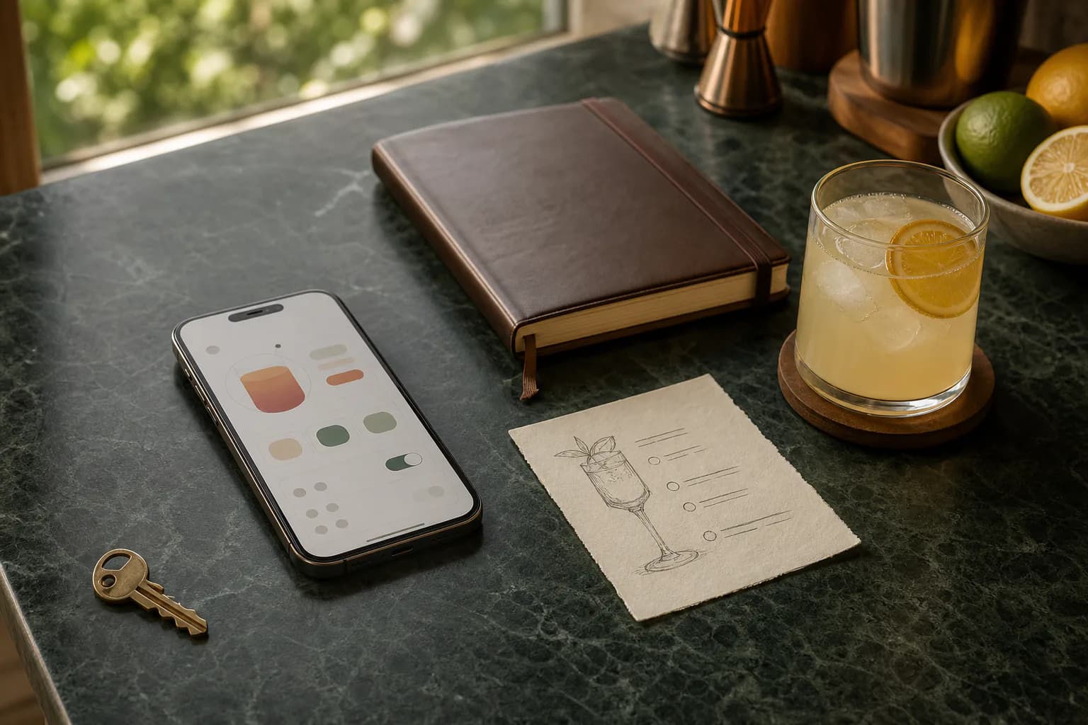 A phone with an abstract cocktail planner beside a closed notebook, key and citrus drink.