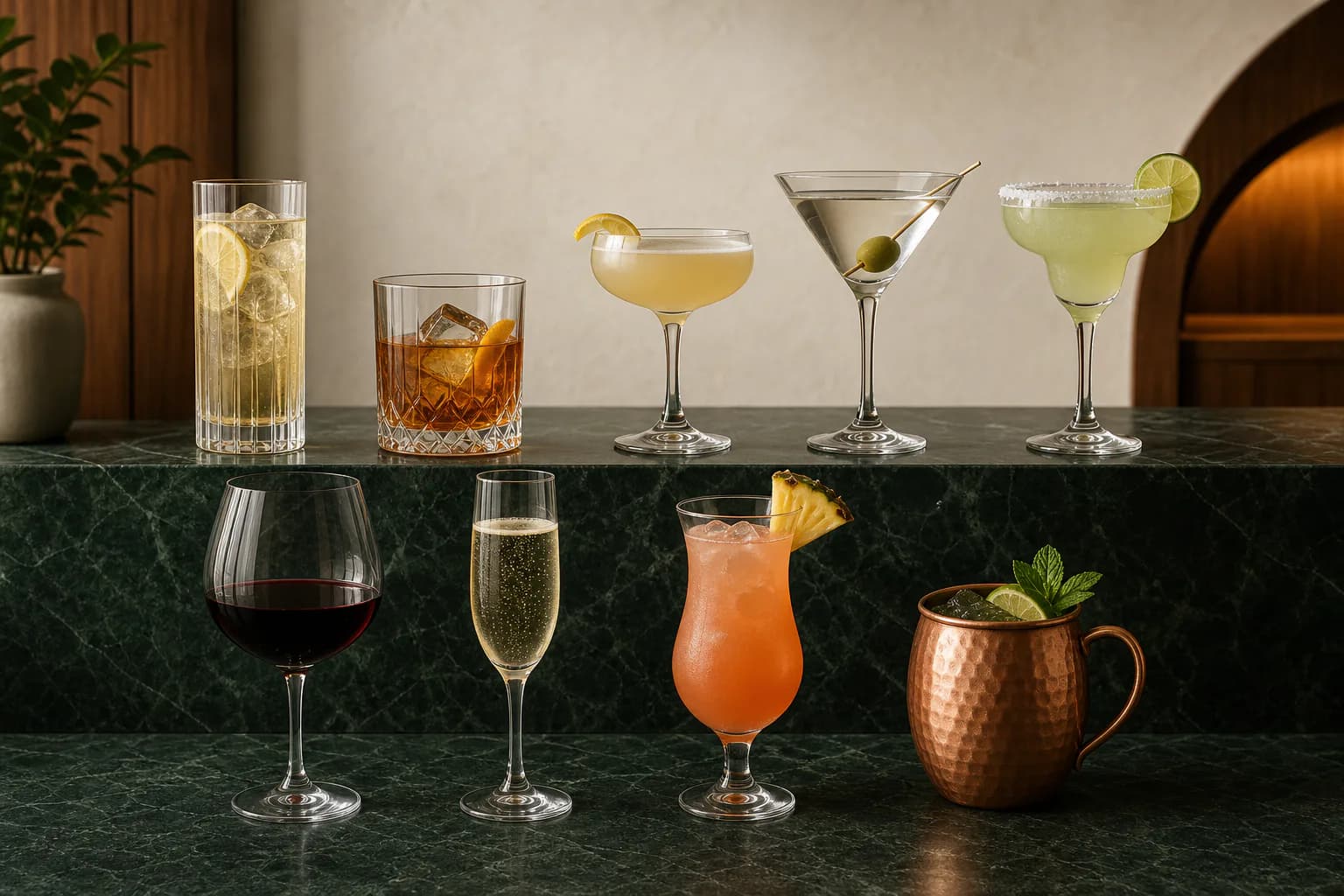 Nine recognizable cocktail glass shapes arranged in two rows for comparison.
