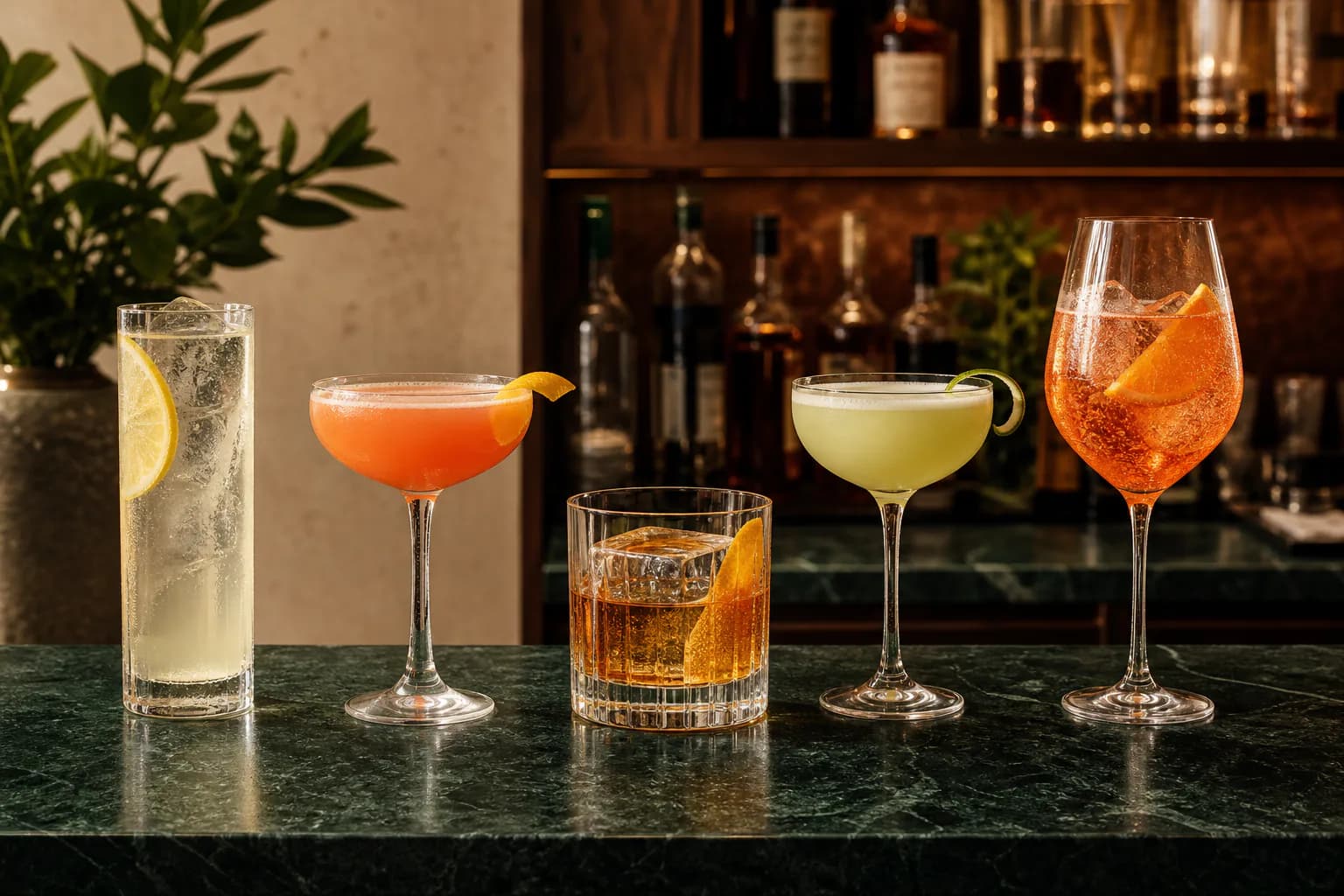 Five different cocktails in highball, coupe, rocks and wine glasses arranged across a home bar.