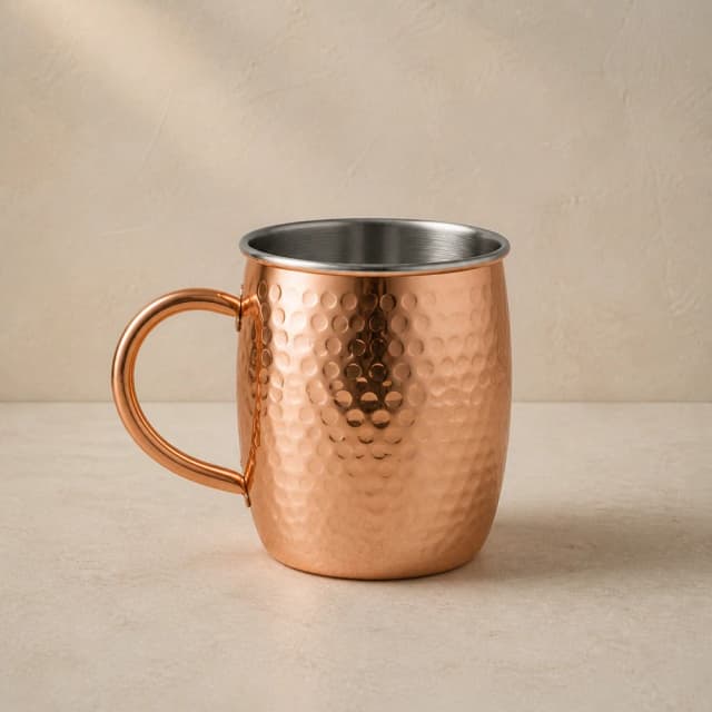 An empty hammered copper Moscow Mule mug with a round handle and steel rim.