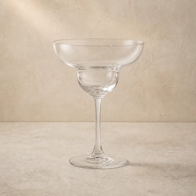 An empty clear margarita glass with a distinctive wide double bowl and slender stem.