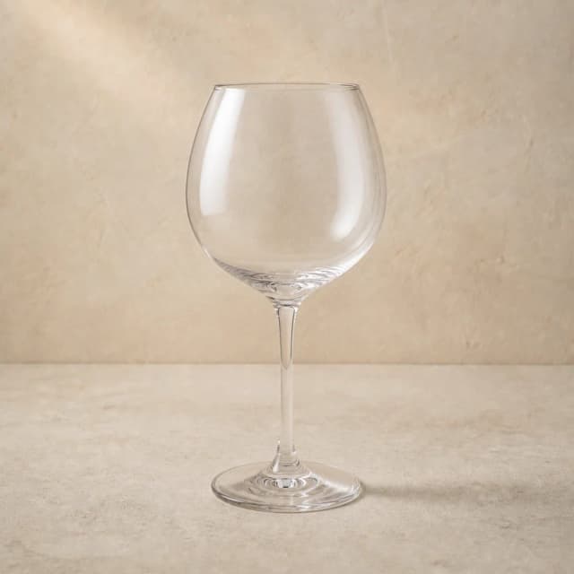 An empty clear large wine glass with a generous rounded bowl and slender stem.