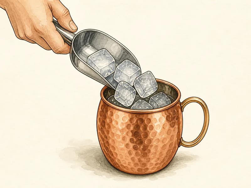 Instructional sketch: Add cubed ice to the copper mug.
