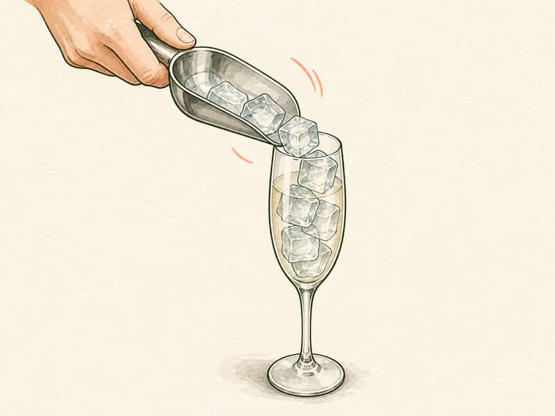 Instructional sketch: Add cubed ice to the champagne flute.