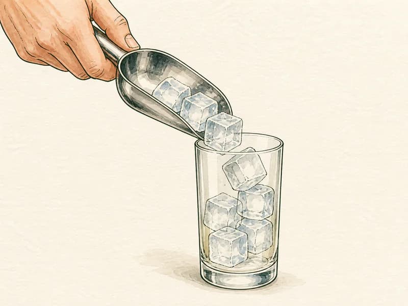 Instructional sketch: Add cubed ice to the highball glass.