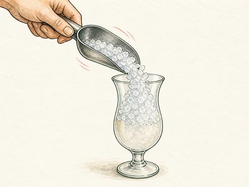 Instructional sketch: Add crushed ice to the hurricane glass.