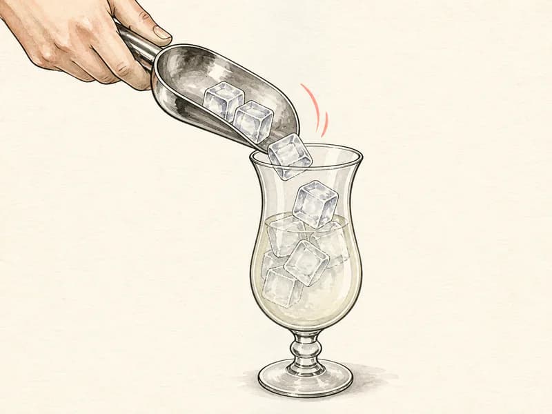 Instructional sketch: Add cubed ice to the hurricane glass.