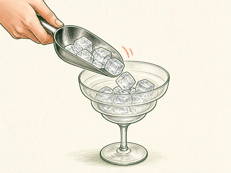 Instructional sketch: Add cubed ice to the margarita glass.