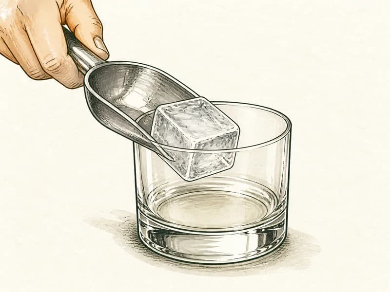 Instructional sketch: Add block ice to the rocks glass.