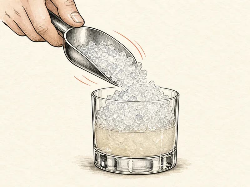 Instructional sketch: Add crushed ice to the rocks glass.