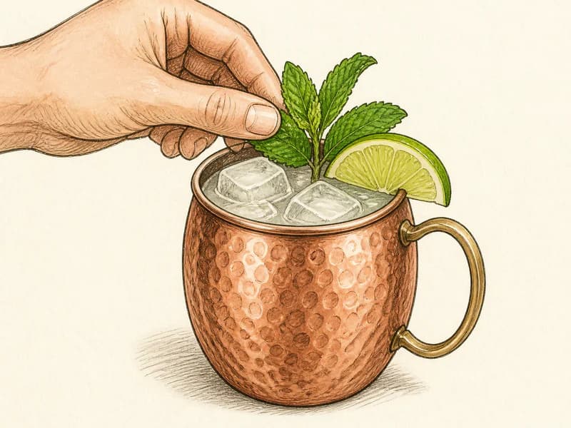 Instructional sketch: Finish the gold drink in the copper mug with cubed ice with Lime Wedge, Mint Sprig.